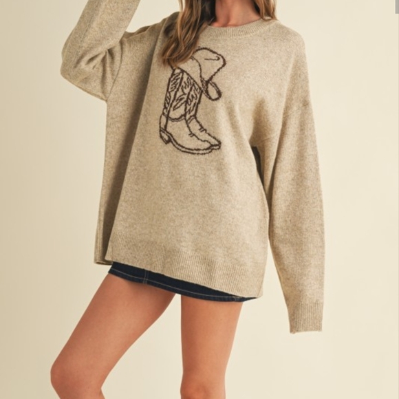 SIZE L! Cloud Ten!Cozy Beige Sweater with Cowboy Boot Design - Picture 7 of 10